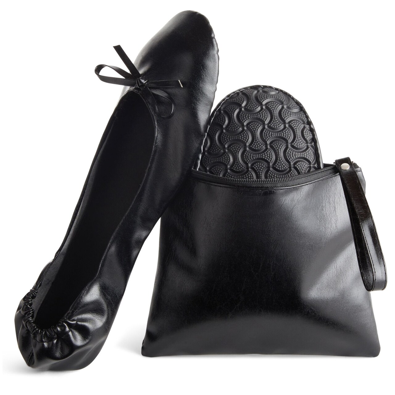 Black Foldable Ballet Flats for Women, Roll Up Flats with Zipper Pouch, US Size 10-11